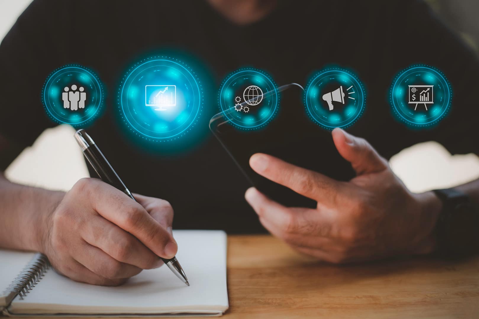 Hand Shows The Sign And Icon Of Digital Marketing Internet Advertising And Sales Increase Business Technology Concept, Online Marketing, E Business, Ecommerce, Business Online.