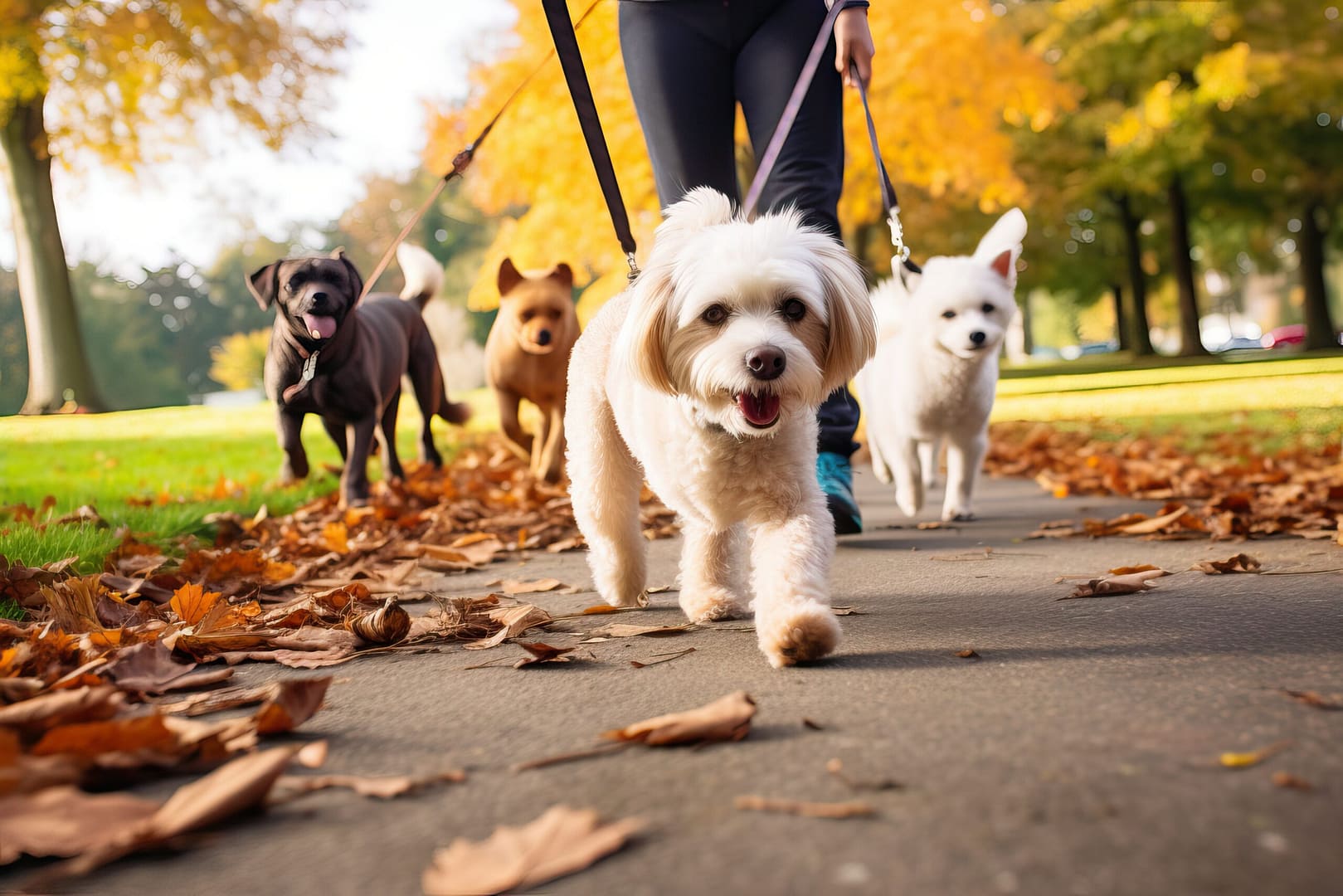 Professional Dog Walkers. Dog Walking Business, Services. Professional Dog Walker, Pet Sitter Walking With Different Breed And Rescue Dogs On Leash At City Park