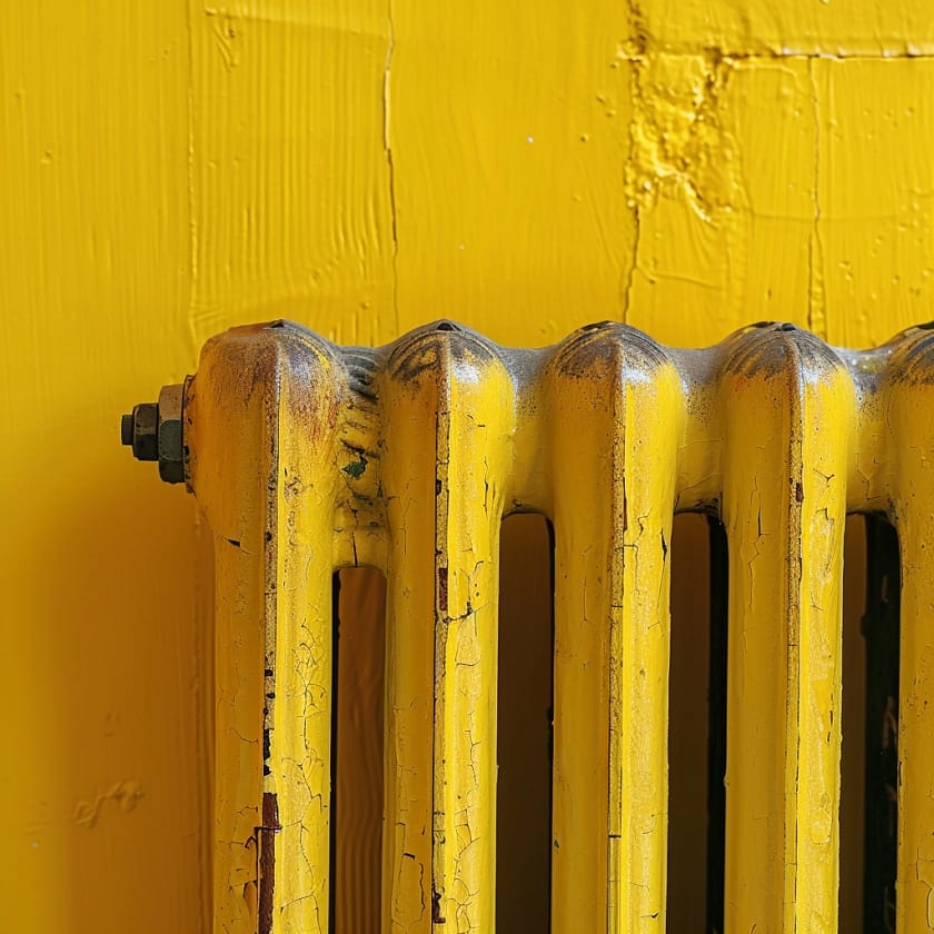 Alternative Heating Solution Indicated By A Rusty Old Yellow Radiator Fixed To A Yellow Wall